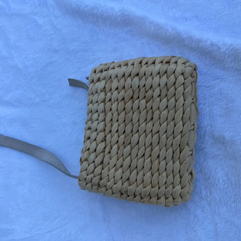 Woven Straw Watermelon Wristlet Bag Sequin Detail Green‎ Gingham Lining Small